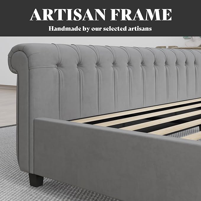 AMERLIFE California King Size Platform Bed Frame, Velvet Upholstered Sleigh Bed with Scroll Wingback Headboard & Footboard/Button Tufted/No Box Spring Required/Grey