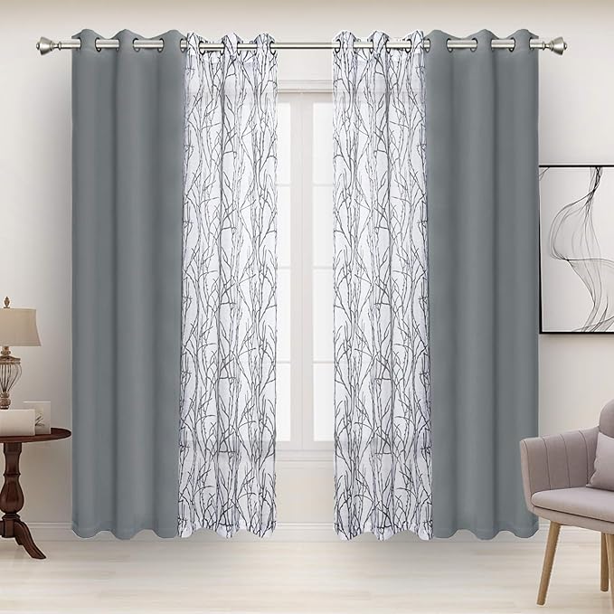 BONZER Mix and Match Curtains - 2 Pieces Branch Print Sheer Curtains and 2 Pieces Blackout Curtains for Bedroom Living Room Grommet Window Drapes, 37x84 Inch/Panel, Light Grey, Set of 4 Panels