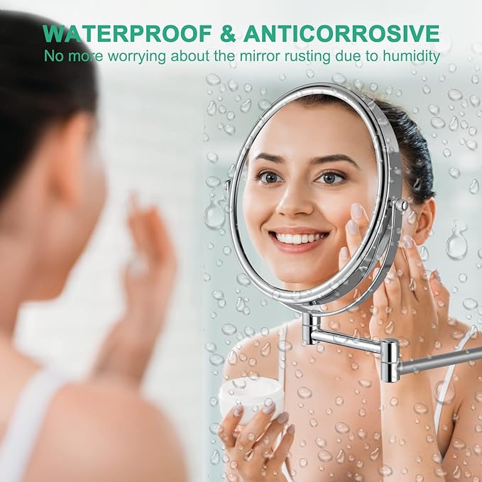 Wall Mounted Makeup Mirror, 3X Wall Mounted Magnifying Mirror Adjustable Height Double-Sided Mirrors for Bathroom Vanity,8 Inch Extendable Bathroom Mirror for Shaving 8 inches