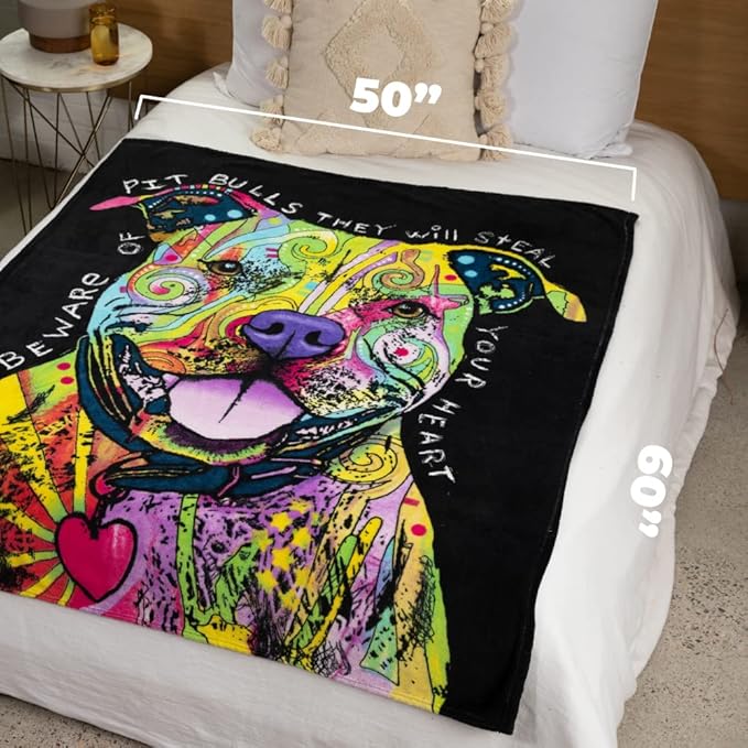 Dawhud Direct 50 x 60 Inch Pitbull Fleece Blanket Throw with Dean Russo Dog Art - Soft and Colorful Pitbull Blankets for Adults, Kids, Bed Couch Sofa Travel - Thoughtful Gift for Dog Lovers