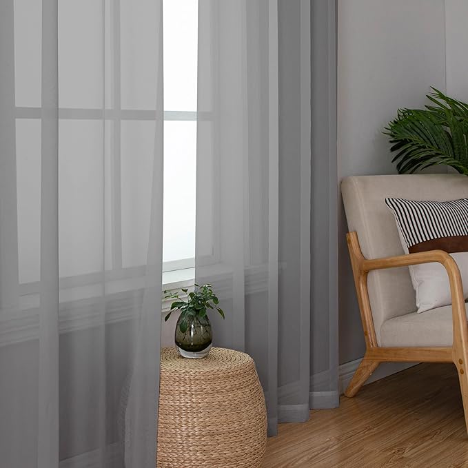 Chyhomenyc Sheer Charcoal Grey Curtains 90 inches Long 2 Panels, Light Filtering Soft Airy Solid Elegant Voile Window Treatment Drapes for Bedroom Living Room Wedding Party Decor, 42 Wx90 L Inches