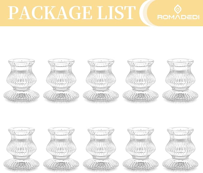 Romadedi Glass Candle Holder for Candlestick - 10 Pcs Clear Small Tapered Candle Holder Decor Bulk Wedding Table Centerpiece for Candle Sticks Christmas Party Living Room Dinner Advent
