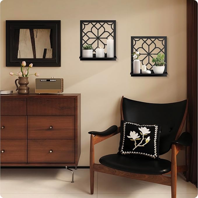 Black Metal Wall Candle Holder Set of 2, Minimalist Rustic Aesthetics Wall Art Decor for Living Room Bedroom Bathroom (11.8 x 13 in)