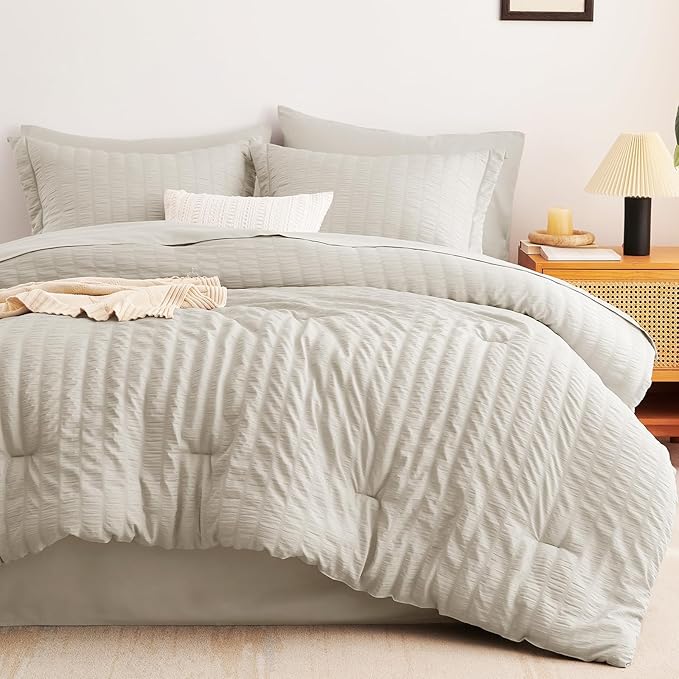 CozyLux California King Comforter Set with Sheets 7 Pieces, Beige Seersucker Bed in a Bag Cal King Luxury Soft Bedding Sets with Down Alternative Comforter, Sheets, Pillowcases & Shams for All Season