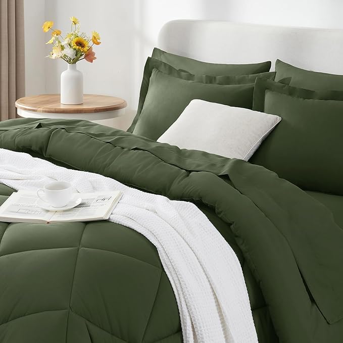 CozyLux King Size Comforter Set Olive Green - 7 Pieces Bed in a Bag King, Luxury Soft Bed Set for All Seasons, Bedding Set with Down Alternative Comforter, Sheets, Pillowcases & Shams