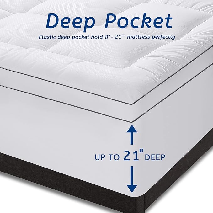 Twin XL Mattress Topper for Back Pain, Cooling Extra Thick Mattress Pad Cover with 8-21 inch Deep Pocket, Plush Pillow Top Mattress Topper Overfilled with Down Alternative, Twin Extra Long, White