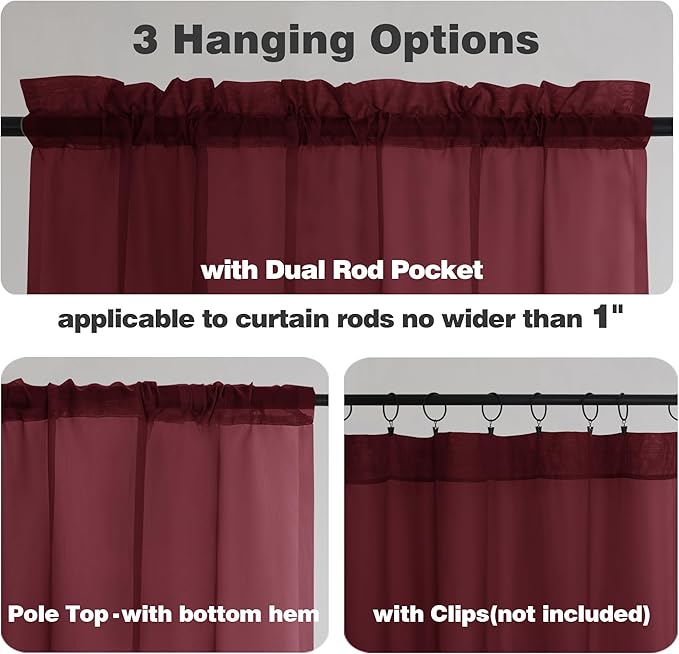 Chyhomenyc Sheer Valances for Windows 2 Pack, 42W x 14L inches Small Window Curtains for Living Room Bathroom Cafe Laundry Basement, Modern Top Dual Rod Pocket Voile Curtain, Burgundy