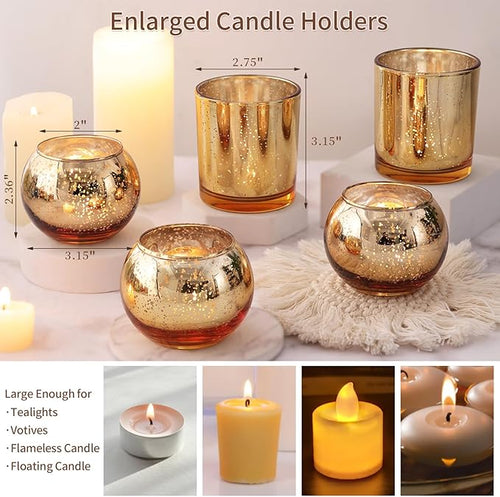 20 Pcs Assorted Gold Votive Candle Holders Bulk, Larger Size Mercury Glass Votives with Round Candle Holder for Wedding Decorations, Tealight Candle Holder for Gold Party Table Centerpieces