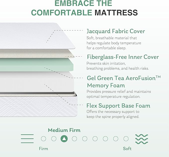 Queen Mattress in a Box, 8 inch Mattresses for Platform Bed Double Size Daybed, Green Tea Memory Foam Medium Firm