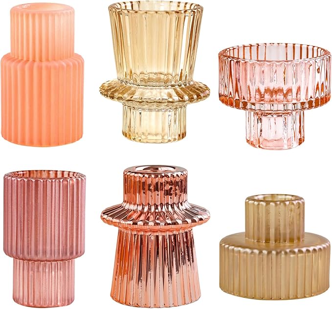 Pink Candlestick Holders 6PCS for Tealight Candle Stick Candles, Ribbed Glass Taper Candle Holders Set, Table Centerpieces for Weddings Christmas Home Decor Indoor and Outdoor