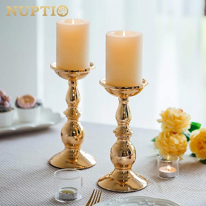 2 Pcs Gold Pillar Candle Holders, Gold Candlestick Most Ideal for 3" Pillar Candles, Gifts for Wedding, Party, Home, Spa, Reiki, Votive Candle (2 x L)