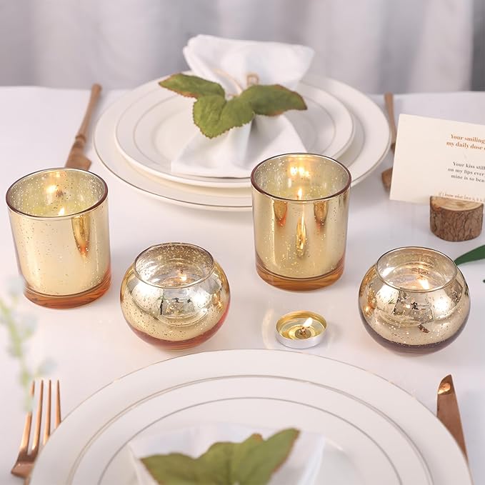 10 Pcs Assorted Gold Votive Candle Holders, Larger Size Mercury Glass Votives with Round Candle Holder for Wedding Decorations, Gold Tealight Candle Holder for Party Table Centerpieces