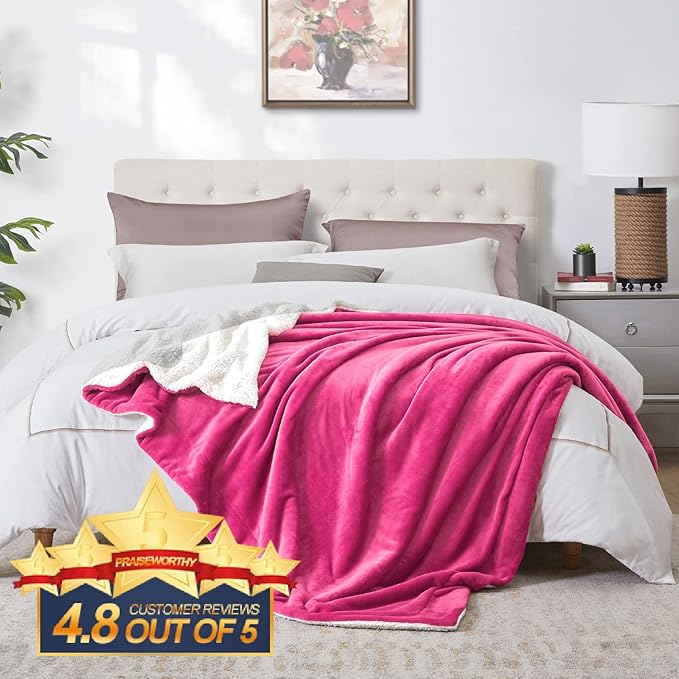 Walensee Sherpa Fleece Blanket (Throw Size 50”x60” Hot Pink) Plush Throw Fuzzy Super Soft Reversible Microfiber Flannel Blankets for Couch, Bed, Sofa Ultra Luxurious Warm and Cozy for All Seasons