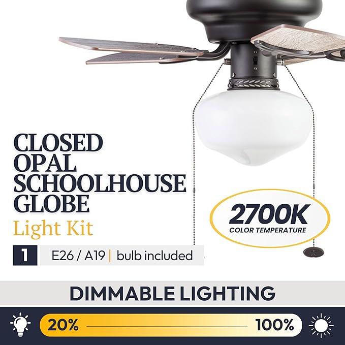 Prominence Home Hero, 28 Inch Traditional Flush Mount Indoor LED Ceiling Fan with Light, Pull Chain, Dual Finish Blades, Reversible Motor - 51655-01 (Bronze)