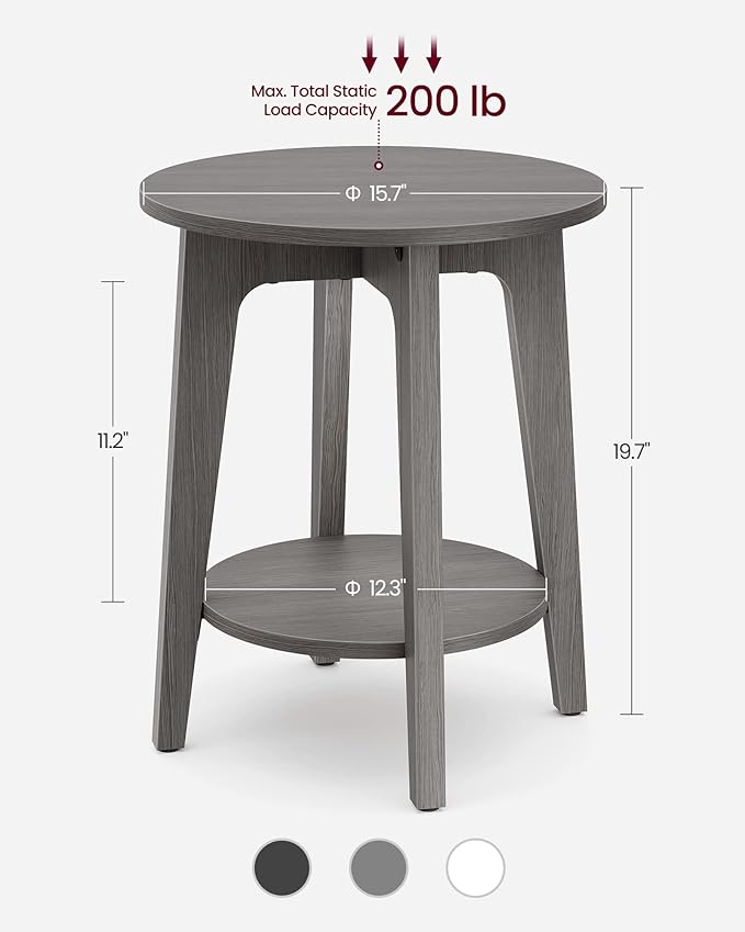 VASAGLE MAEZO Collection - Side Table, 2-Tier Small Round End Table, Nightstand with Tapered Legs, Curved Transitions, for Small Spaces, Living Room, Bedroom, Smoky Gray ULET283T68