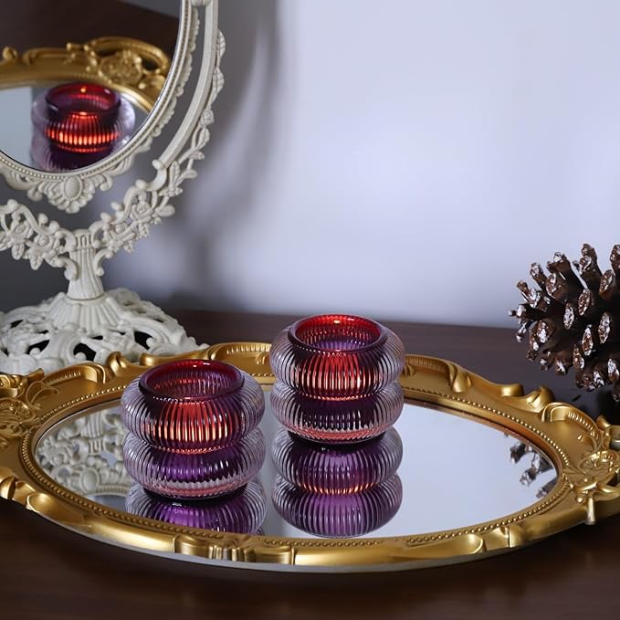 Woho Ribbed Votive Candle Holders Set of 6 for Wedding Decor, Vintage Tealight Candle Holder for Halloween/Thanksgiving, Glass Tea Lights Candle Holder for Dinner Table (Purple, 2.1" H X 2.75" D)