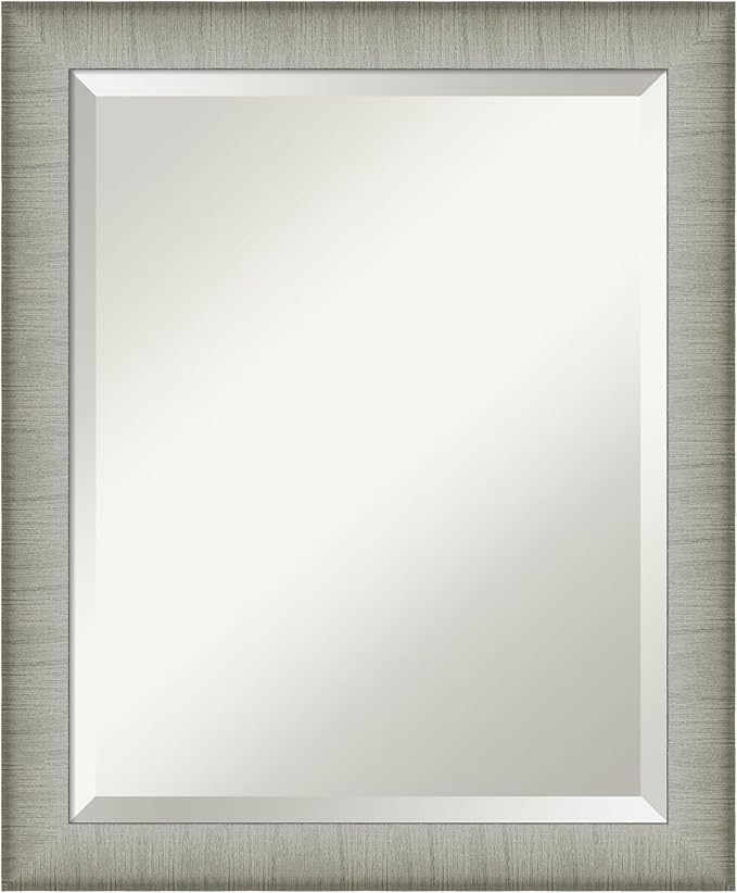 Amanti Art Silver Bathroom Mirror for Over Sink, 23x19 Elegant Brushed Pewter Narrow Rectangle Vanity Mirror, Small Casual Frame, Hangs Horizonally and Vertically, Bathroom Wall Decor, Beveled Edge
