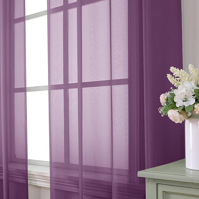 Aiyufeng Plum Purple Sheer Curtains 63 Inches Long 2 Panels Set, Solid Voile Top Dual Rod Pockets Stylish Breathable Drapes Window Treatment for Kid's Room/Bedroom/Living Room, 40W x 63L inches