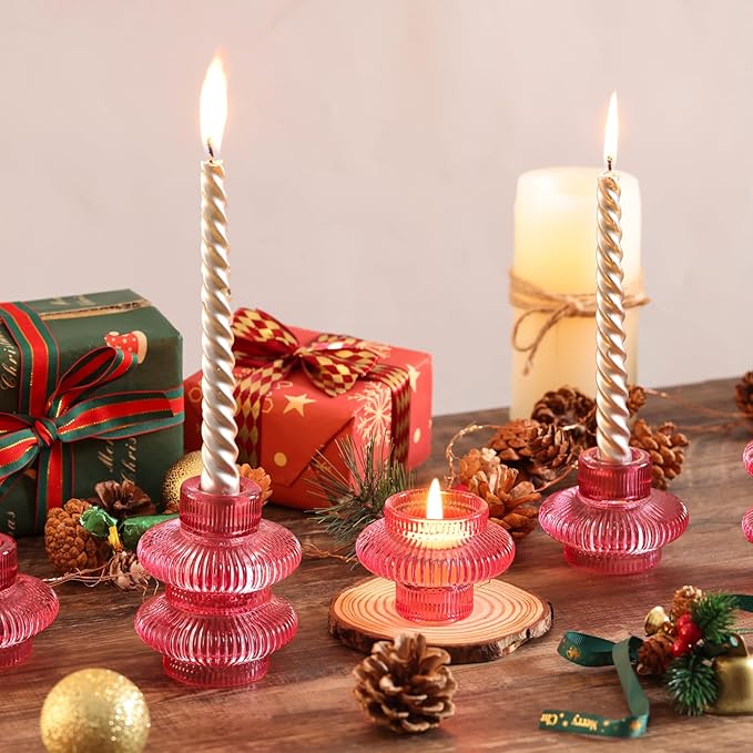 Pink Candlestick Holders Set of 10, Pink Glass Candle Holders for Pillar Candles, Taper Candle and Tealight Candles, Taper Candle Holders for Wedding, Table Centerpiece