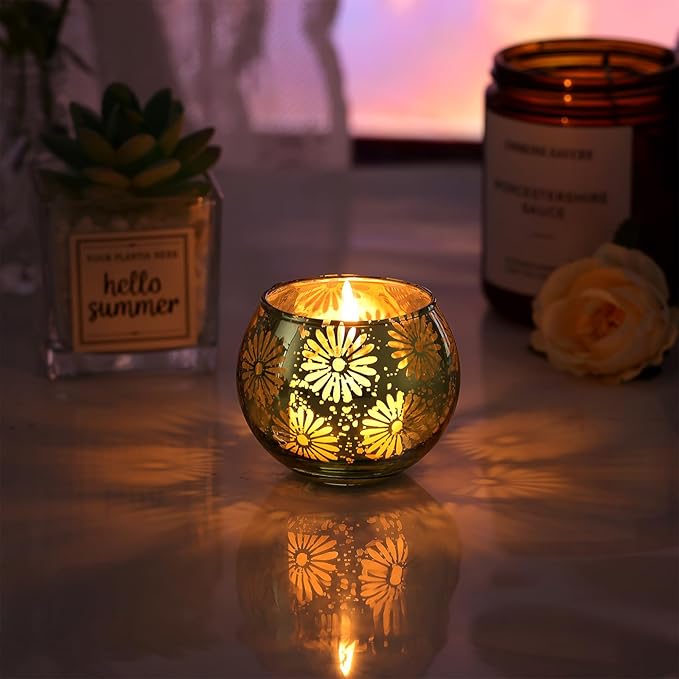 Green Mercury Glass Votive Candle Holders Set of 12, Round Tealight Candle Holders Bulk for Table Centerpieces, Weddings, Shower Gifts, Christmas, Halloween Party Decorations