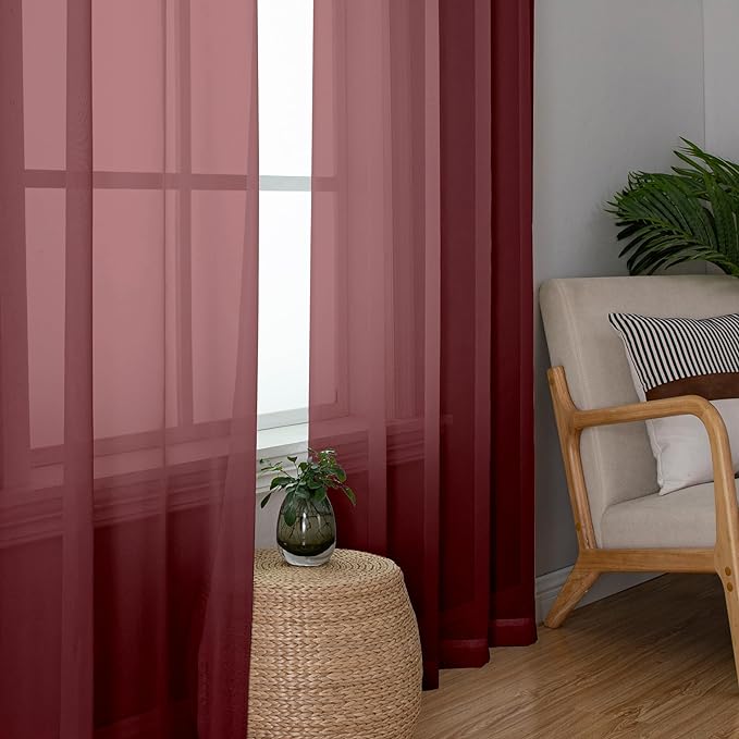 Aiyufeng Burgundy Sheer Curtains for Bedroom - Beautiful Semi Sheer Curtains Privacy for Bedroom Bathroom Kitchen Dining Office Window, 40 Wide x 54 inches Long, 2 Pcs