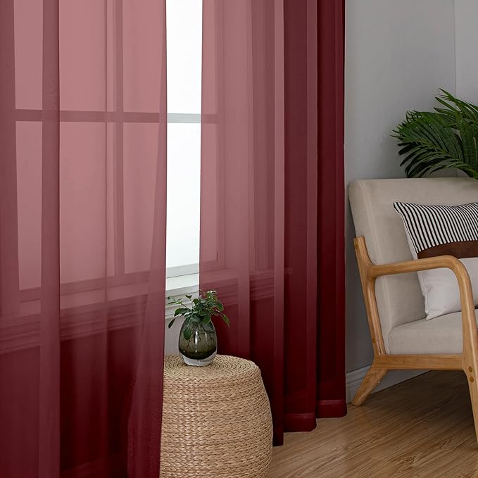 Aiyufeng 2 Piece Burgundy Sheer Curtains 84 Inch Length, Light Filtering Kitchen Curtain for Bedrrom/Living Room/Kitchen Window, Voile Top Dual Rod Pocket, 2 x 40 W x 84" L