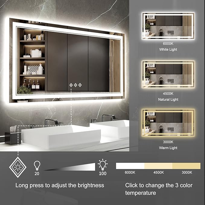 Backlit Bathroom Mirror, 55x30 Inch Gradient Front and Backlit Mirror, 3 Colors Dimmable CRI>90 Double Lights, IP54 Enhanced Anti-Fog, Hanging Plates Wall Mount LED Bathroom Mirror