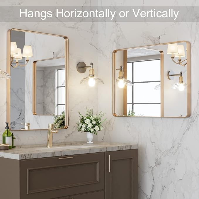 LOAAO 22”X30” Gold Bathroom Mirror, Rounded Rectangle Gold Frame Mirror, Brushed Gold Bathroom Vanity Mirror Wall-Mounted, Anti-Rust, Hangs Horizontally or Vertically