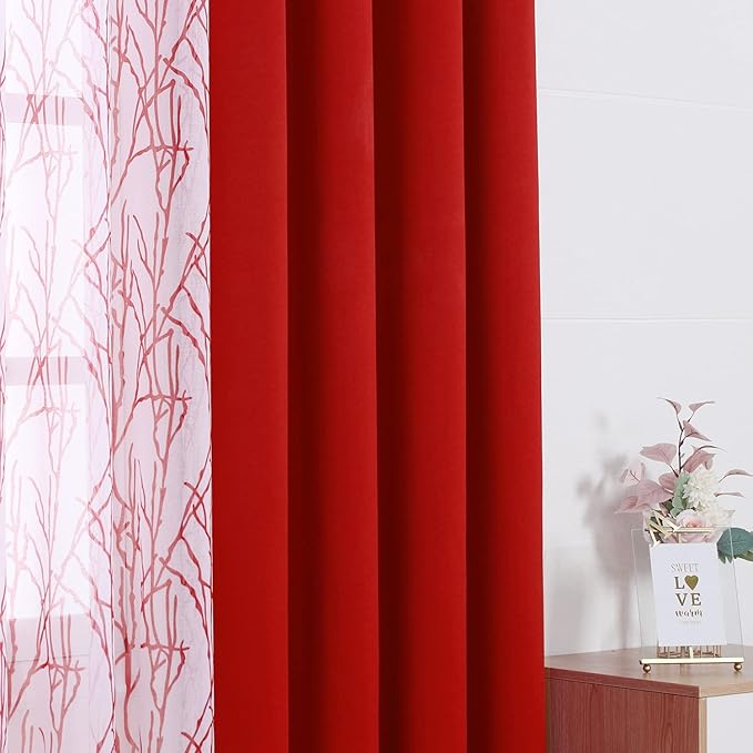 BONZER Mix and Match Curtains - 2 Pieces Branch Print Sheer Curtains and 2 Pieces Blackout Curtains for Bedroom Living Room Grommet Window Drapes, 37x84 Inch/Panel, Red, Set of 4 Panels
