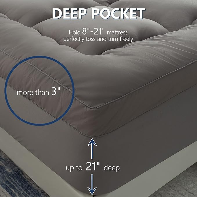 Marine Moon Mattress Topper Queen, Marine Moon Cooling Bed Topper Cover, Thick Soft Pillow Top Mattress Pad, Plush Hotel Down Alternative Mattress Topper with 8-21" Deep Pocket, Grey