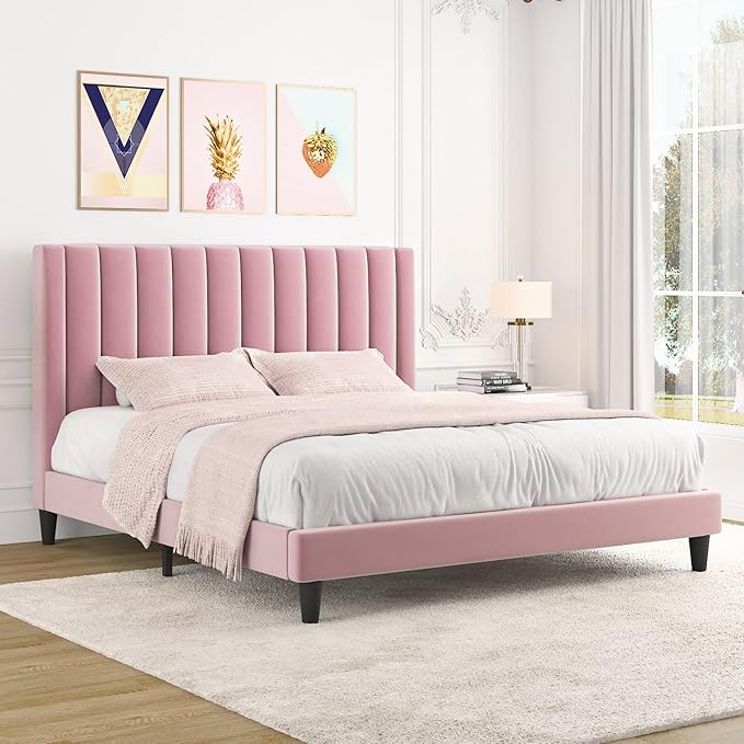 Allewie King Platform Bed Frame/Velvet Upholstered Bed Frame with Vertical Channel Tufted Headboard/Strong Wooden Slats/Mattress Foundation/Box Spring Optional/Easy Assembly/Pink