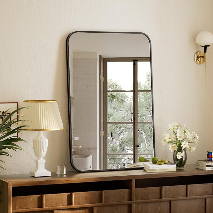 BEAUTYPEAK 24" x 36" Rectangular Aluminum Alloy Frame Wall Mounted Bathroom Mirror with Rounded Corners, Black