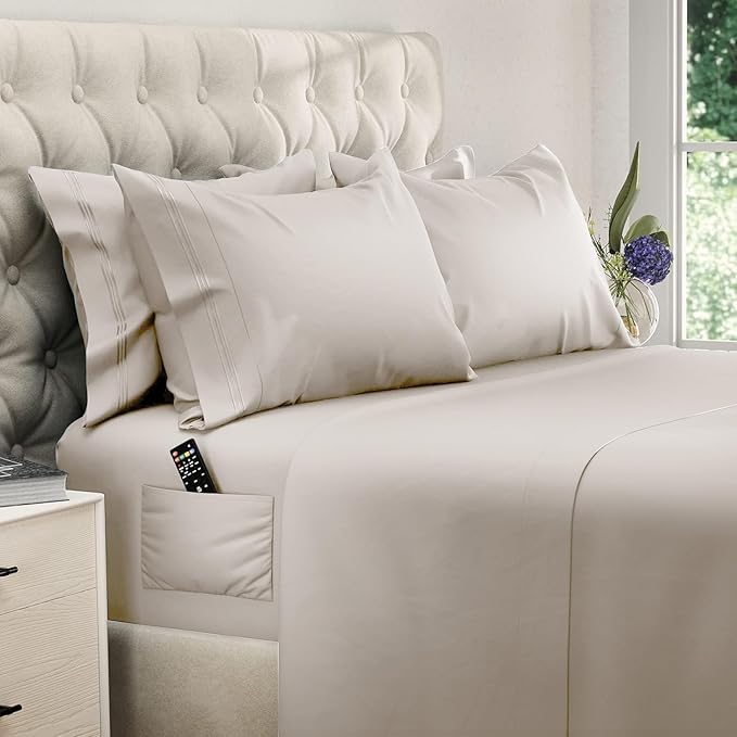 DREAMCARE Full Size Sheets Set - 6 Pcs Deep Pocket Cooling Bed Sheets - Soft, Long Lasting 100% Brushed Microfiber with Side Pocket (Beige, Full)
