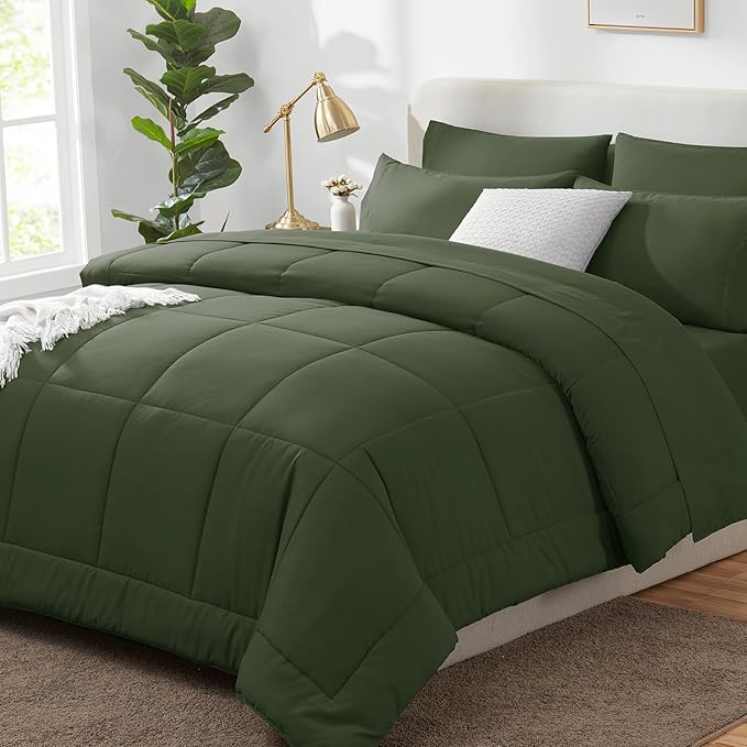 CozyLux Queen Comforter Set Olive Green, 7 Pieces Bed in a Bag, Green Comforter Queen Size, All Season Bedding Sets with Stitch Quilted Comforter, Flat Sheet, Fitted Sheet, Pillowcases