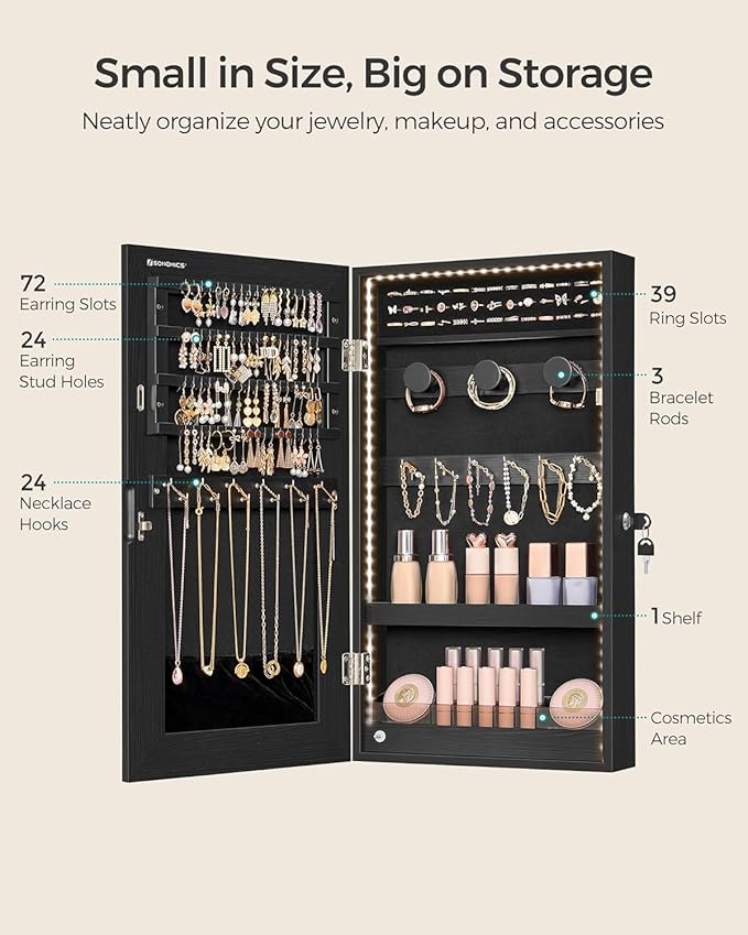 SONGMICS Mirror Jewelry Cabinet Armoire with Built-in LED Lights, Wall or Door Mounted Jewelry Storage Organizer, 3.8 x 14.6 x 26.4 Inches Hanging Mirror Cabinet, Gift Idea, Black UJJC050B01