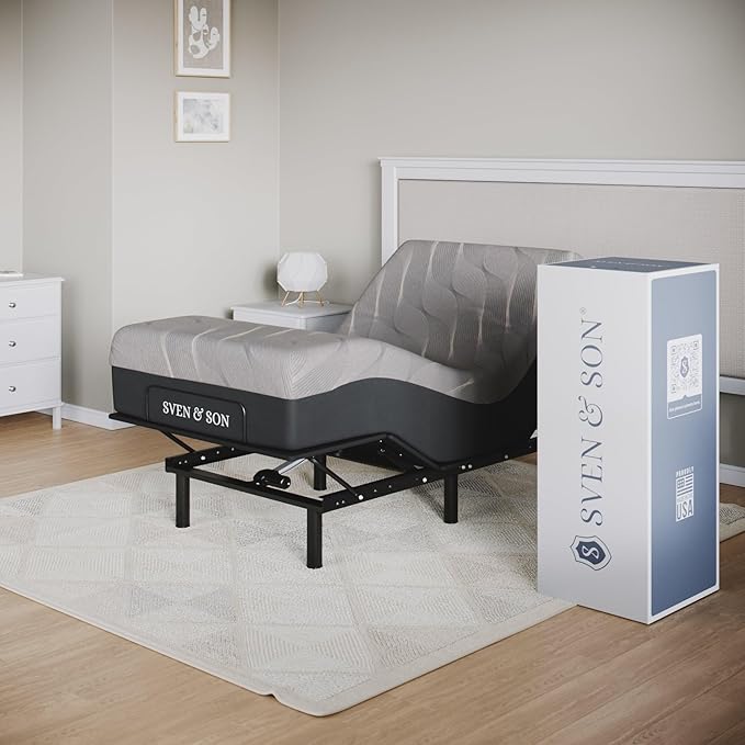 Sven and Son Essential Adjustable Bed Base (Frame) + 14 inch Hybrid Spring Matt (Medium Soft), Easy Assembly, Head and Foot Lift, Memory Positions, Zero Gravity, Wireless Remote - Twin XL