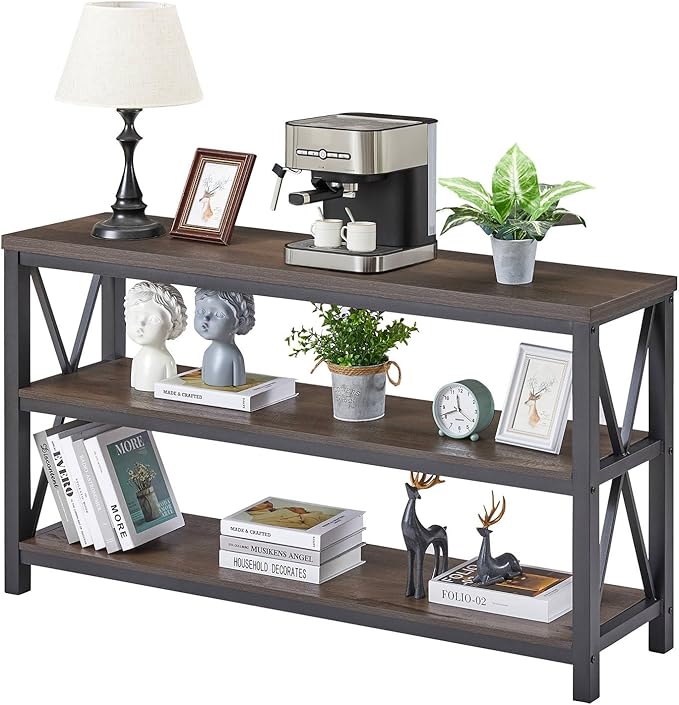 FATORRI Console Table for Entryway, Sofa Tables Behind Couch, Rustic Wood and Metal Foyer Table with 3 Tier Shelves for Hallway Living Room, Front Door (55 Inch, Walnut Brown)