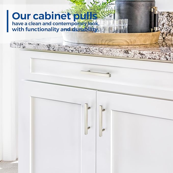 JOY DECOR 10 Pack 4 Inch Brushed Nickel Square Cabinet Handles Stainless Steel Cabinet Hardware Pulls for Kitchen and Drawers with 6-2/5 Inch Overall Length
