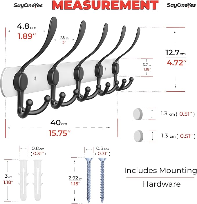 Coat Rack Wall Mount with 5 Tri Hooks, Stainless Steel 16 Inch – White & Black Matte Finish, Heavy Duty Wall Mounted Hook Rack for Coats, Hats, Towels, Scarfs, Robes, Bags, Entryway & Bathroom, 2 Pack