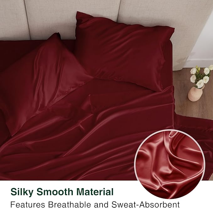 Love's cabin Twin XL Satin Sheet Sets - 3 Piece Burgundy Silky Bed Sheets with Deep Pockets, Luxury Silk Feel Satin Sheet Set Twin XL (1 Flat Sheet,1 Fitted Sheet,1 Pillow case)