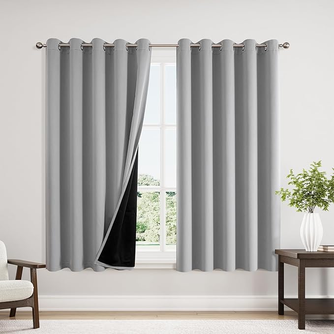 ChrisDowa 100% Blackout Curtains 63 inch Long for Bedroom with Black Liner, Extra Wide 2 Thick Layers Total Blackout Thermal Insulated Grommet Window Curtains 2 Panels Set (Light Grey, 60 x 63 Inch)