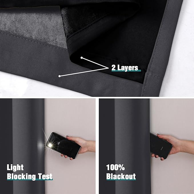 ChrisDowa 100% Blackout Curtains for Bedroom with Black Liner, 2 Thick Layers Total Blackout Thermal Insulated Grommet Window Curtains 84 Inch Long 2 Panels Set (Dark Grey, 52 x 84 Inch)