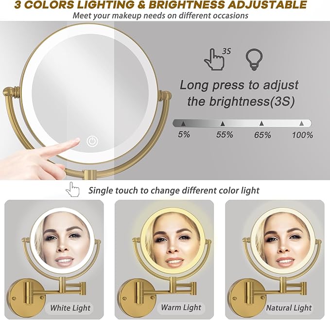 8" Make up Mirror Wall Mounted Lighted 10X Magnifying Hard Wired, Double Sides 3 Color Lighting Touch Dimming, 360 Swivel Extended Arm Shaving Light up Mirror for Bathroom, Brushed Moderne Brass