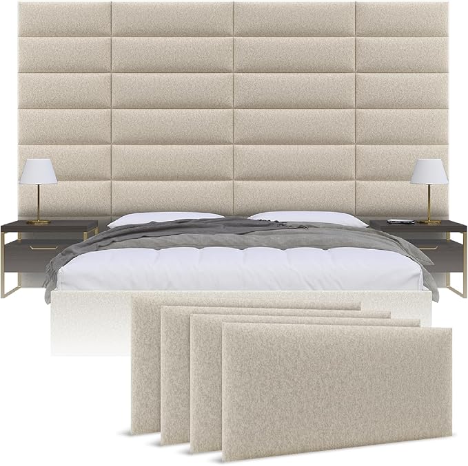 Vänt Upholstered Wall Panels - King/Cal King Size Wall Mounted Headboards - Faux Merino Wool Cream - Twin/King - Set of 4 Panels (Each Individual Panel 39"x11.5")
