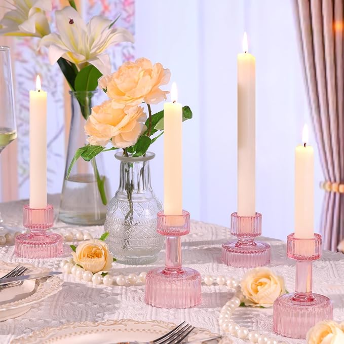 Candlestick Holders Bulk, 6 Pcs Pink Combination Candle Holders Set, Crystal Candle Holders for Wedding, Table Centerpiece, Home Decoration