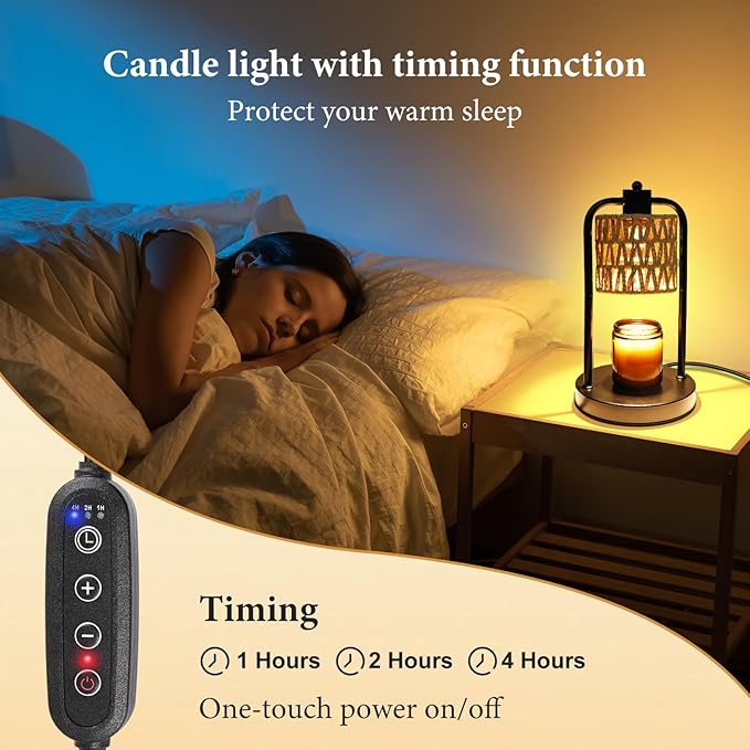 Candle Warmer Lamp Wax Light: Electric Melt Warming Lamps for Yankee Candles with Timer Dimmable for Birthday Christmas Gift, Room, New House, Bedroom, Vintage Home Decor (Black + Brown Hemp Rope)