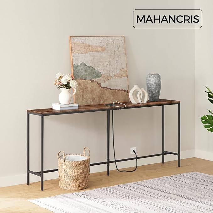 78.7" Console Table with Power Outlet, 11.8" Wide Narrow Sofa Table, Industrial Entryway Table with USB Ports, Behind Couch for Entryway, Hallway, Foyer, Living Room, Rustic Brown CTHR320E01