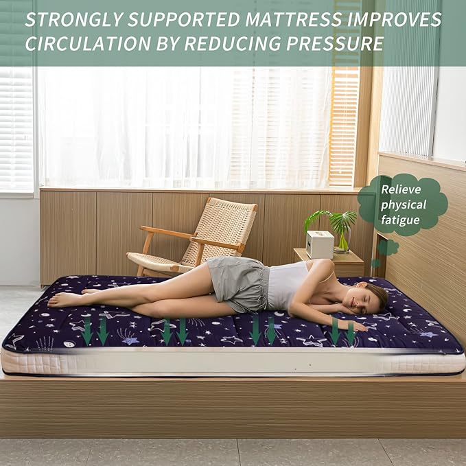 MAXYOYO Navy Star Futon Mattress, Padded Japanese Floor Mattress Quilted Bed Mattress Topper, Extra Thick Folding Sleeping Pad Breathable Floor Lounger Guest Bed for Camping Couch, Twin