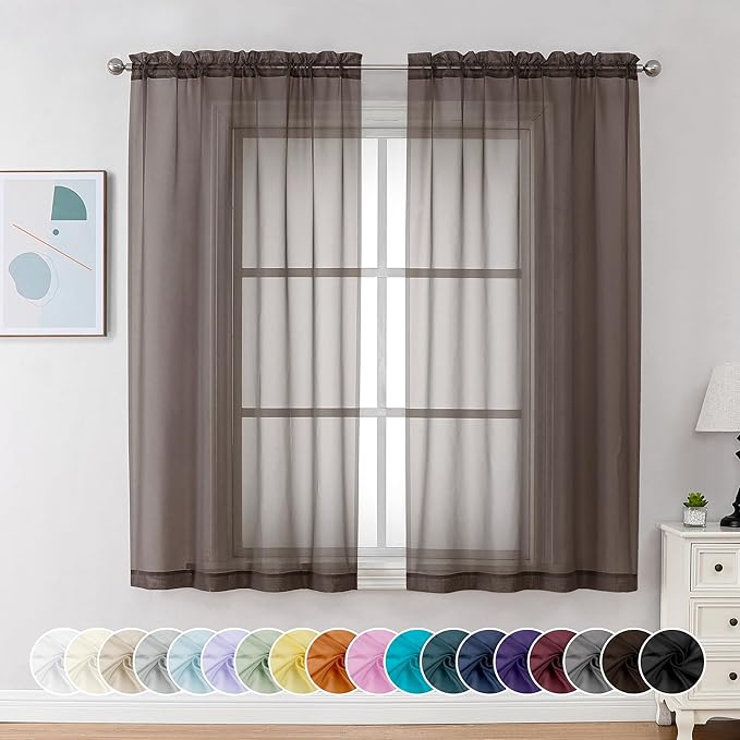 Chyhomenyc Sheer Curtains 63 Inch Length 2 Panels, Light Filtering Rod Pocket Window Sheer Curtain Drapes for Bedroom Living Room, 42Wx63L, 2 Panels, Chocolate Brown