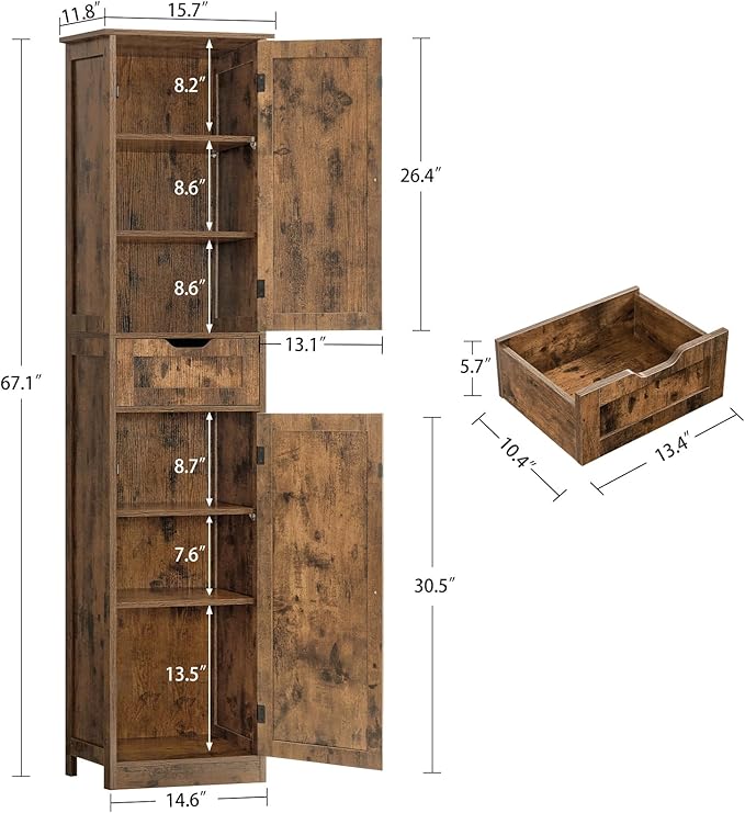 Iwell 67" Tall Storage Cabinet, Bathroom Cabinet with Drawer & Adjustable Shelves, Narrow Storage Cabinet, Floor Cabinet for Living Room, Home Office, Rustic Brown